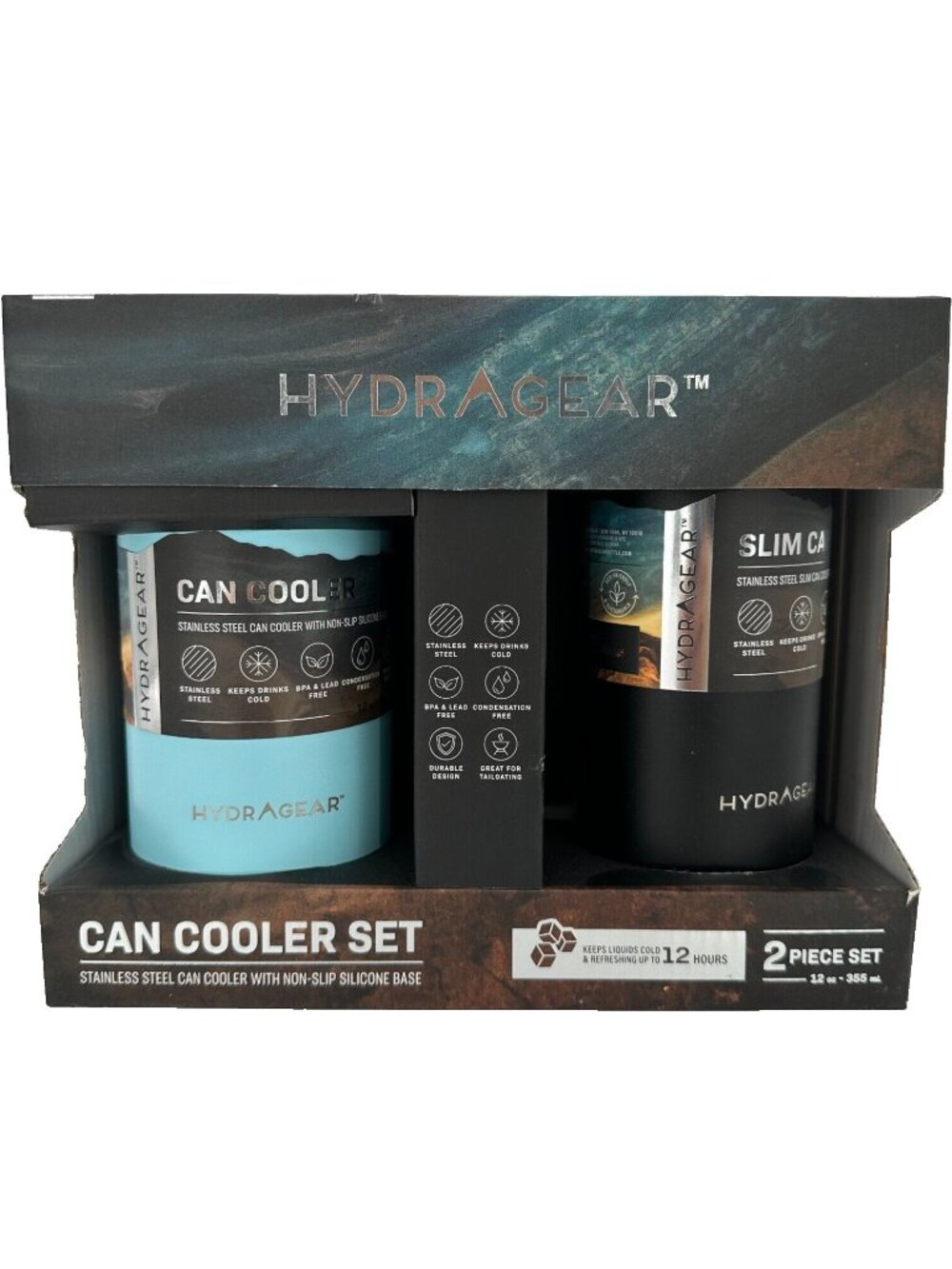 HydraGear Can Cooler Set 12 oz Stainless Steel Non-Slip Silicone Base SLIM & Reg
